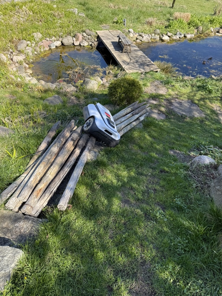 Roboter in Problemzone am Teich und Steg